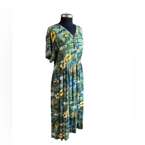 hoKus poKus Vtg Floral And Palm Tree Dress Partial Button Down In Front Size L - Picture 4 of 7